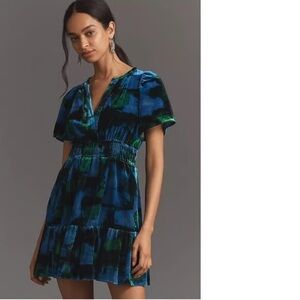 Anthropologie Blue and Green Somerset Velvet Mini Dress